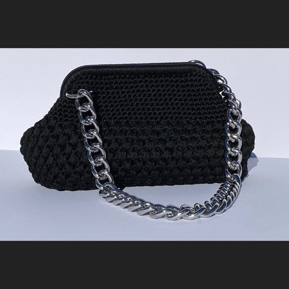 Small Black Crochet Handmade Shoulder Bag Silver Chain Everyday Minimalist Purse - Picture 1 of 6